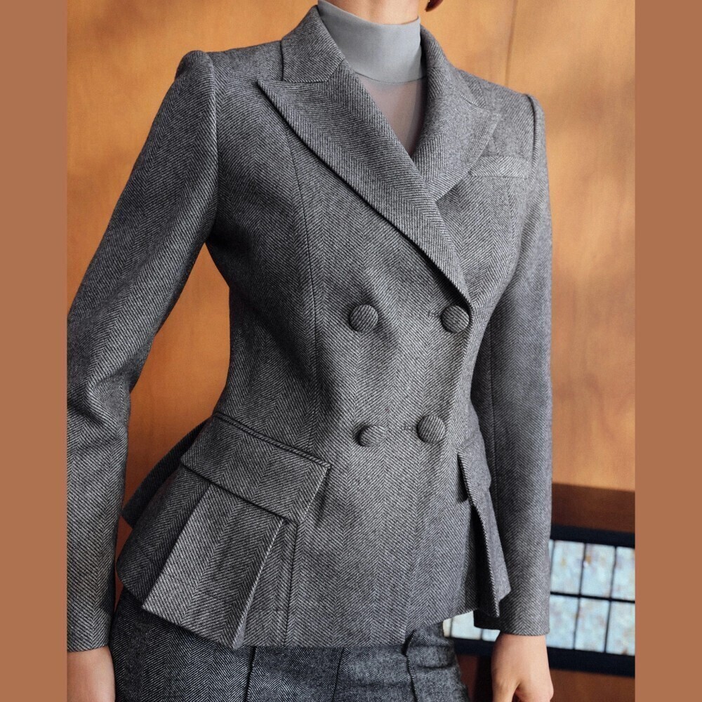 Gray Herringbone Double Breasted Peplum Blazer with Peaked Lapel